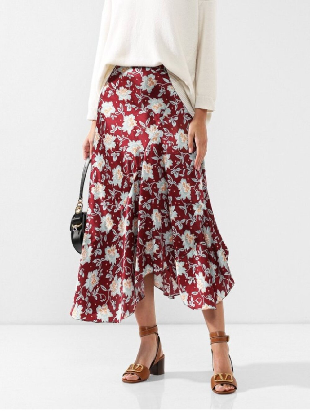 Chloe Burgundy Asymmetrical Floral Skirt 100% Silk